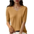 thumbnail image 2 of ECZHAW Women's Solid Color Casual V-Neck Simple Half-Sleeved Knitted Short-Sleeved Top,Summer Tops for Women 2025 Trendy,, 2 of 2