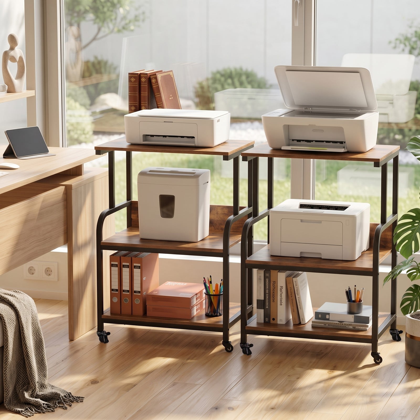Furnibear 3-Tier Rolling Printer Stand, Mobile Printer Cart with 5-Level Adjustable Shelf and Lockable Wheels, Metal Frame Office Machine Cart for Home, Rustic Brown
