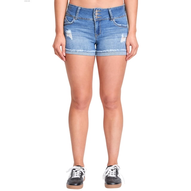 YMI Junior Wannabettabutt - Pantalón Corto de Mezclilla con 3 Botones y Tiro Medio con puños Ligeramente Desgastado para Mujer, M1904, 3