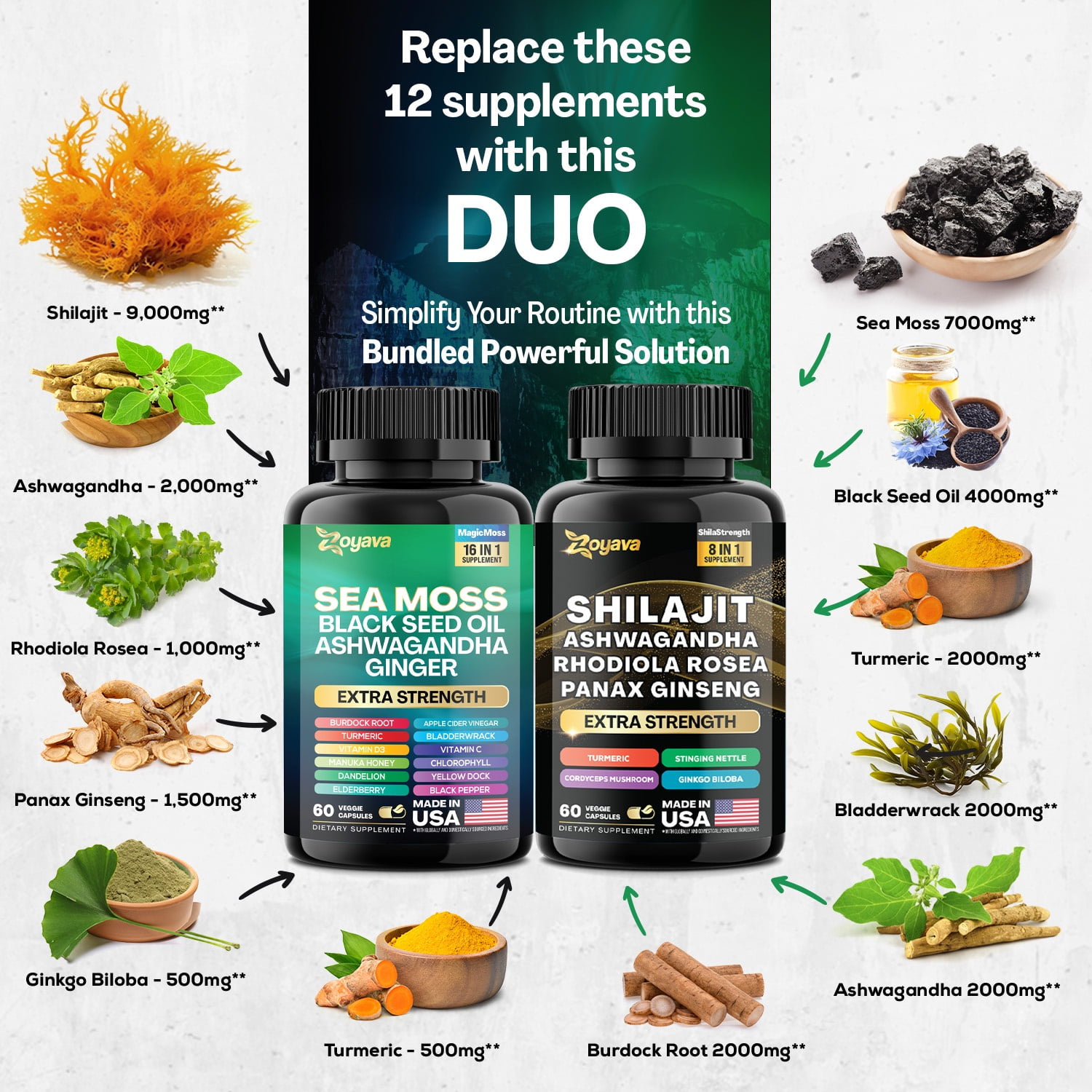 Zoyava Sea Moss & Shilajit Capsules Bundle - 16-in-1 19,445 MG + 8-in-1 15,250 MG with Ashwagandha & Turmeric