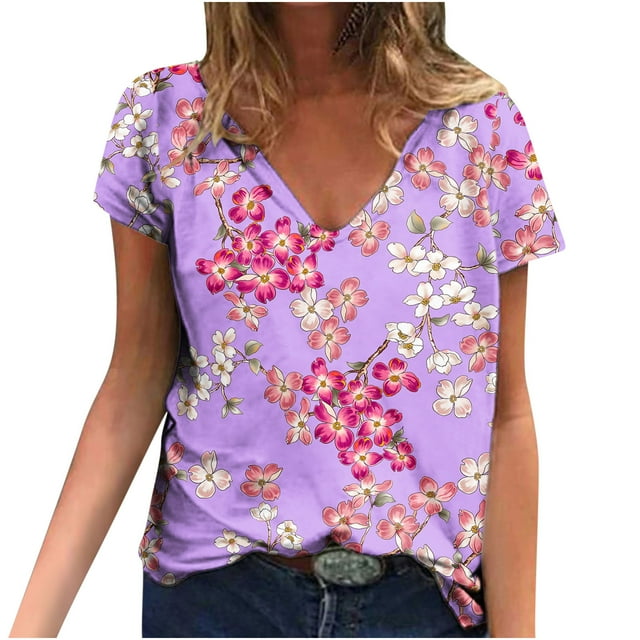 Hauts d'Été pour Femmes Manches Courtes Femmes Blouse d'Été Imprimée T-Shirts Décontractés Col en V Manches Courtes T-Shirts Hauts