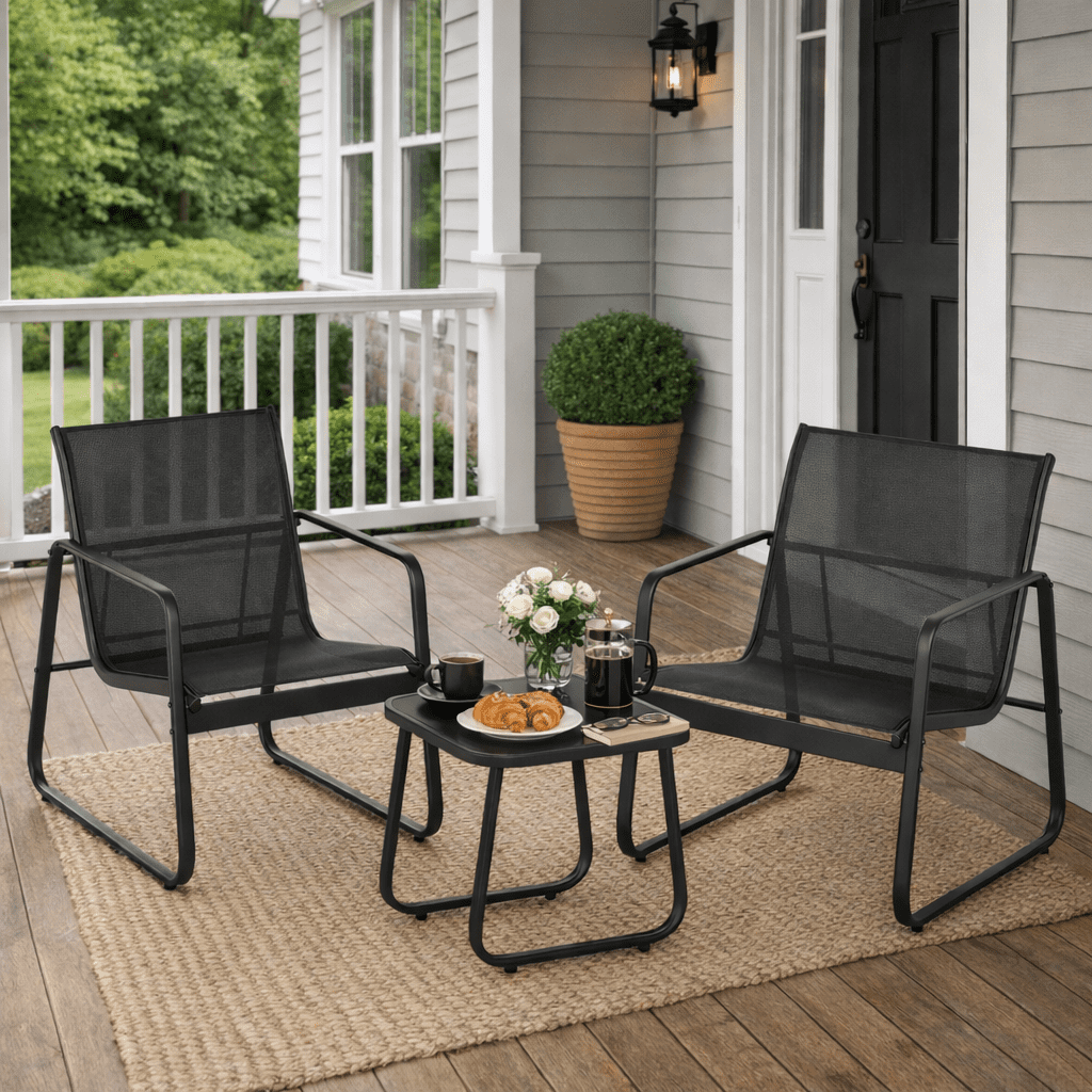 Patio Furniture Set, Aiho Outdoor Bistro Set with Glass Top Table, Textilene Patio Chairs Set for Poolside, Lawn, Black