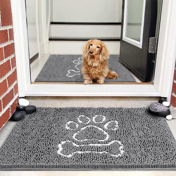 Indoor Door Mat Entryway Rug Traps Mud and Water, Chenille Doormat for Muddy Shoes and Dog Paws, Machine Washable Doormat, Front Door Mat, Busy Area Dog Rugs for Floors, Entrance Grey Mats 16x24 Inch