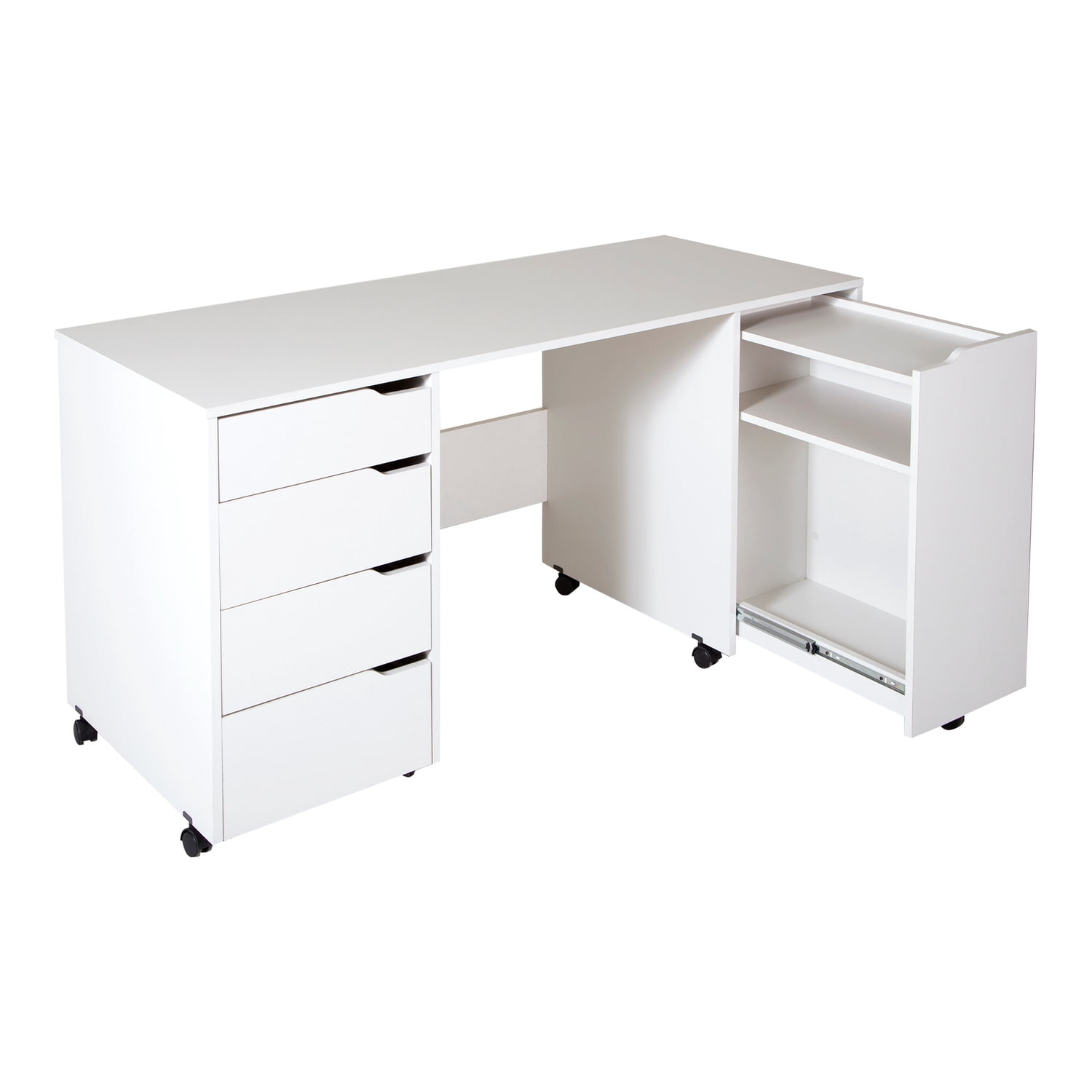 Maykoosh Contemporary Cool Sewing Craft Table on Wheels with Sliding Shelf, Storage Drawers and Scratchproof Surface, Pure White - 23.62"D x 58.12"W x 295"H