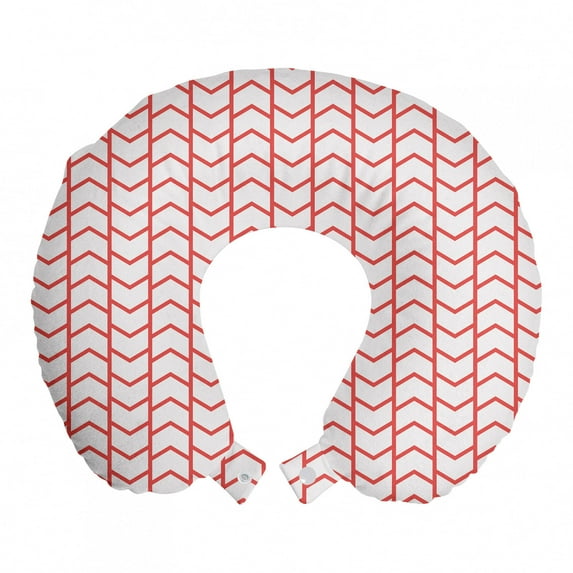 Modern Travel Pillow Neck Rest, Geometrical Chevron Lines and Triangle Shaped Border Seem Artwork Image, Memory Foam Traveling Accessory Airplane and Car, 12", Dark Coral and White, by Ambesonne