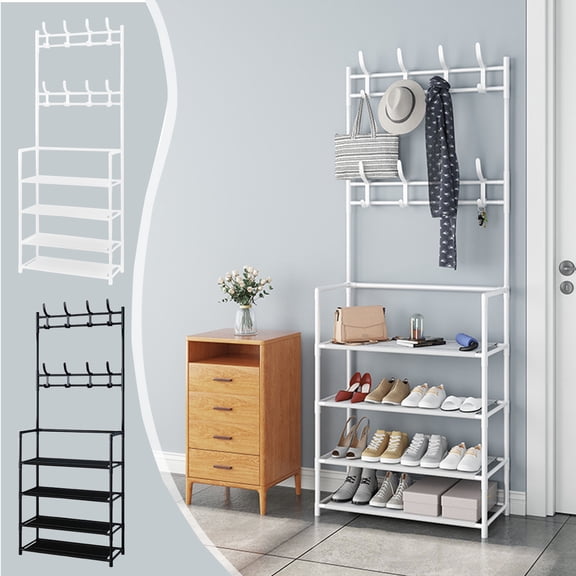 RBCKVXZ Freestanding Coat & Shoe Rack 4-Tier - Plastic Storage with 8 Hooks | Space-Saving Entryway Organizer for Home, Dorm & Rental Room (Black)