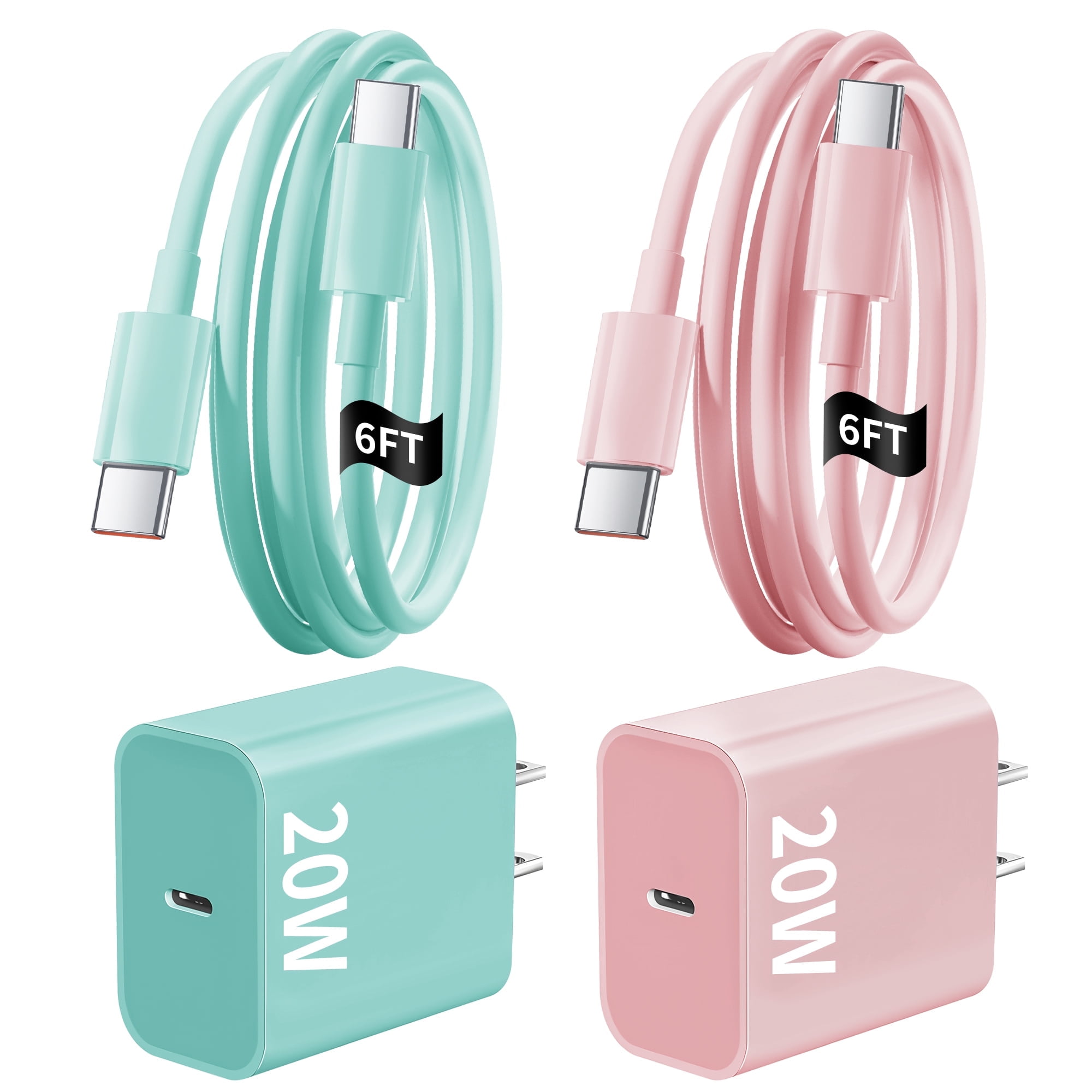 for iPhone 17/16/15 Charger,2Pack 6FT USB C to C Charging Cable Cord with 2Pack 20W Fast Charger Block Compatible with iPhone 17/17 Pro/17 Pro Max/Air/16/16 Pro/16 Pro Max/16 Plus/15,Pink+Green