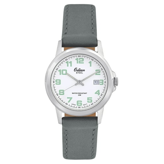 Orlean Mens Watch, Big Glow in the Dark Numbers, Date - Easy to Read White Dial, 316L Stainless Steel Case with Leather Watch Band - 38mm Analog Men's Wrist Watches - Silver / Grey Band
