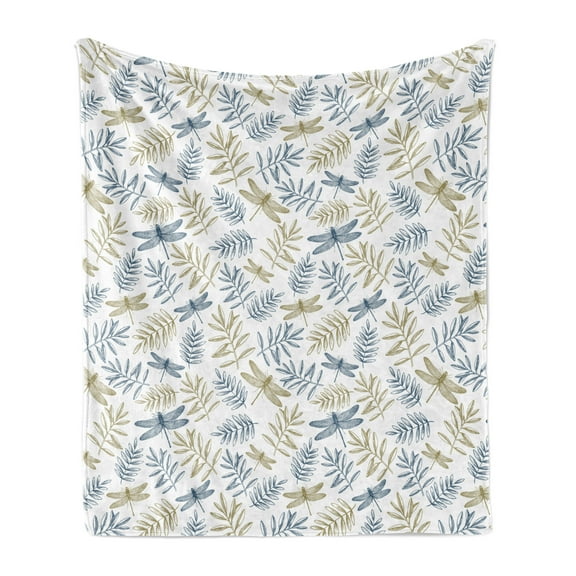 Dragonfly Soft Flannel Fleece Blanket, Autumn Foliage Leaves and Insects Mother Nature Retro Botany Design, Cozy Plush for Indoor and Outdoor Use, 50" x 70", Slate Blue Khaki White, by Ambesonne