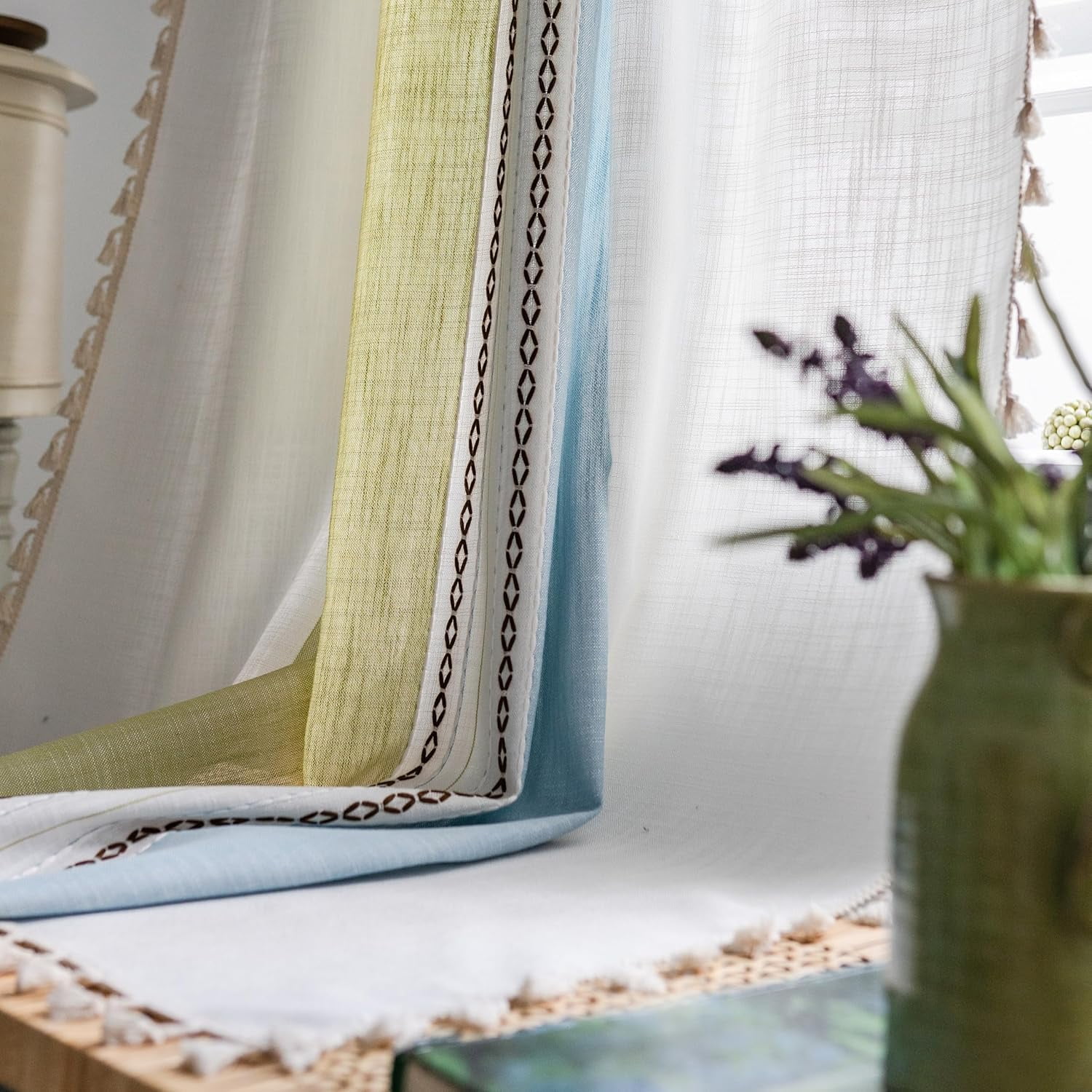 AIGIA Boho Linen Curtains for Bedroom Living Room Semi Blackout Farmhouse Tassels Bohemian Embroidery Drape Rod Pocket 1 Panel