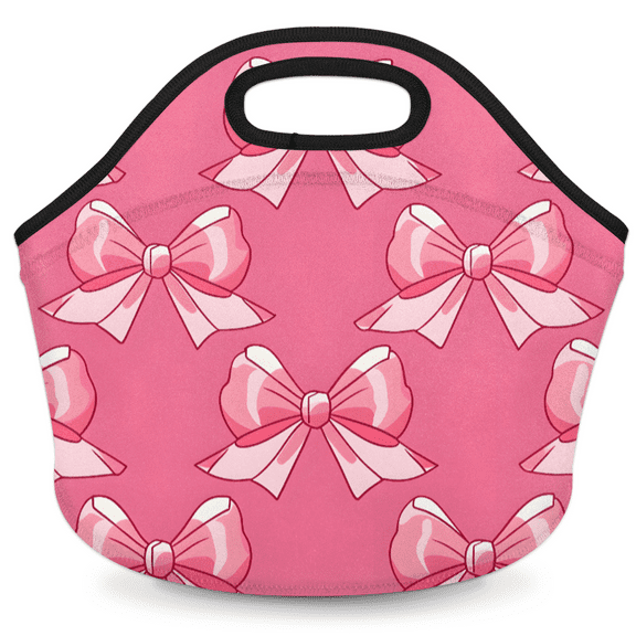 Herdesigns Pink Neoprene Lunch Bag, Bow Insulated Lunch Box for Women Men Washable Lunch Tote Soft Lunch Container With Zipper for Work Picnic Travel