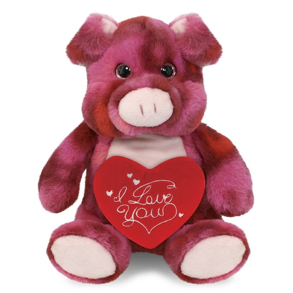 DolliBu I Love You Plush Super Soft Pink Tie-Dye Pig - Cute Pig Stuffed Animal Monkey with Red Heart Plush for Valentines, Anniversary, Romantic Date, Boyfriend, or Girlfriend Gift - 9 Inches