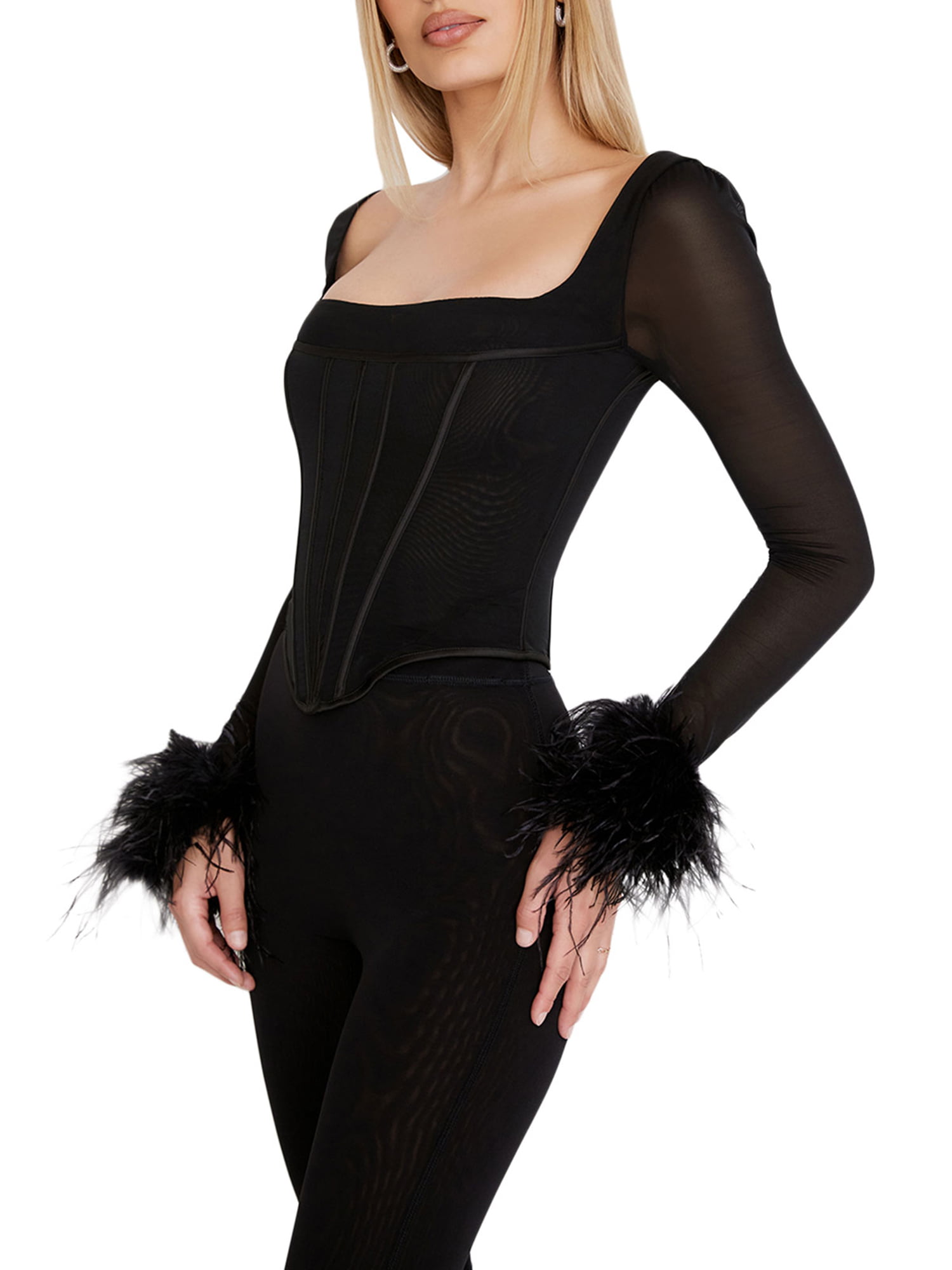 Mesh Feather Corset Long Sleeve Top – Fanxity