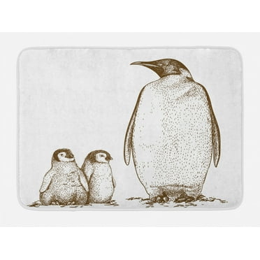 Sea Animals Bath Mat, Engraving Antique Illustration King Penguin and Baby Penguins Nestling Nature, Non-Slip Plush Mat Bathroom Kitchen Laundry Room Decor, 29.5 X 17.5 Inches, Olive Green, Ambesonne