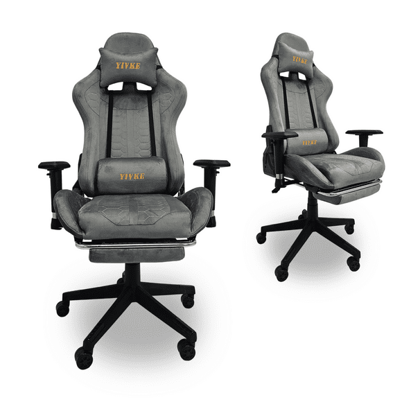 Yivke Ergonomic Gaming Chair for Adults, High Back Gaming Chair with 3D Armrest and Footrest, Fabric Velvet Computer Chair Video Game Chairs, Chaise Gamer, 180°Recliner, 350LBS Grey with Footrest