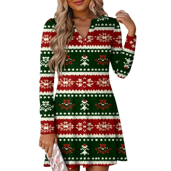 Women's Christmas Printed Dress Loose Fit V-Neck Casual Long Sleeve Holiday Party Dress, Flowy A-Line Vintage Style with Festive Pattern,Beige,Size L
