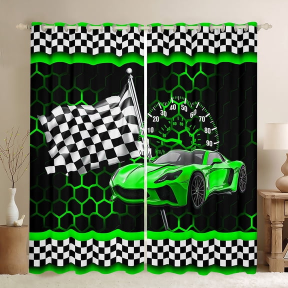 Manfei Boys Cartoon Automobile Black Out Curtains, Green Sports Car Curtains Pack of 2 (42x63 Each), Buffalo Checkered Flag Bedroom Curtains, Curtains and Drapes Decor