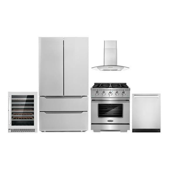 Cosmo 5 Piece Kitchen Appliance Packages with 30" Freestanding Gas Range 30" Wall Mount Range Hood 24" Built-in Fully Integrated Dishwasher French Door Refrigerator & 48 Bottle Wine Refrigerator