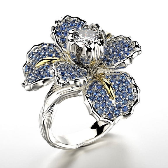 Women's Micro Pave Full Diamond Iris Two-Tone Blue Topaz Flower Ring