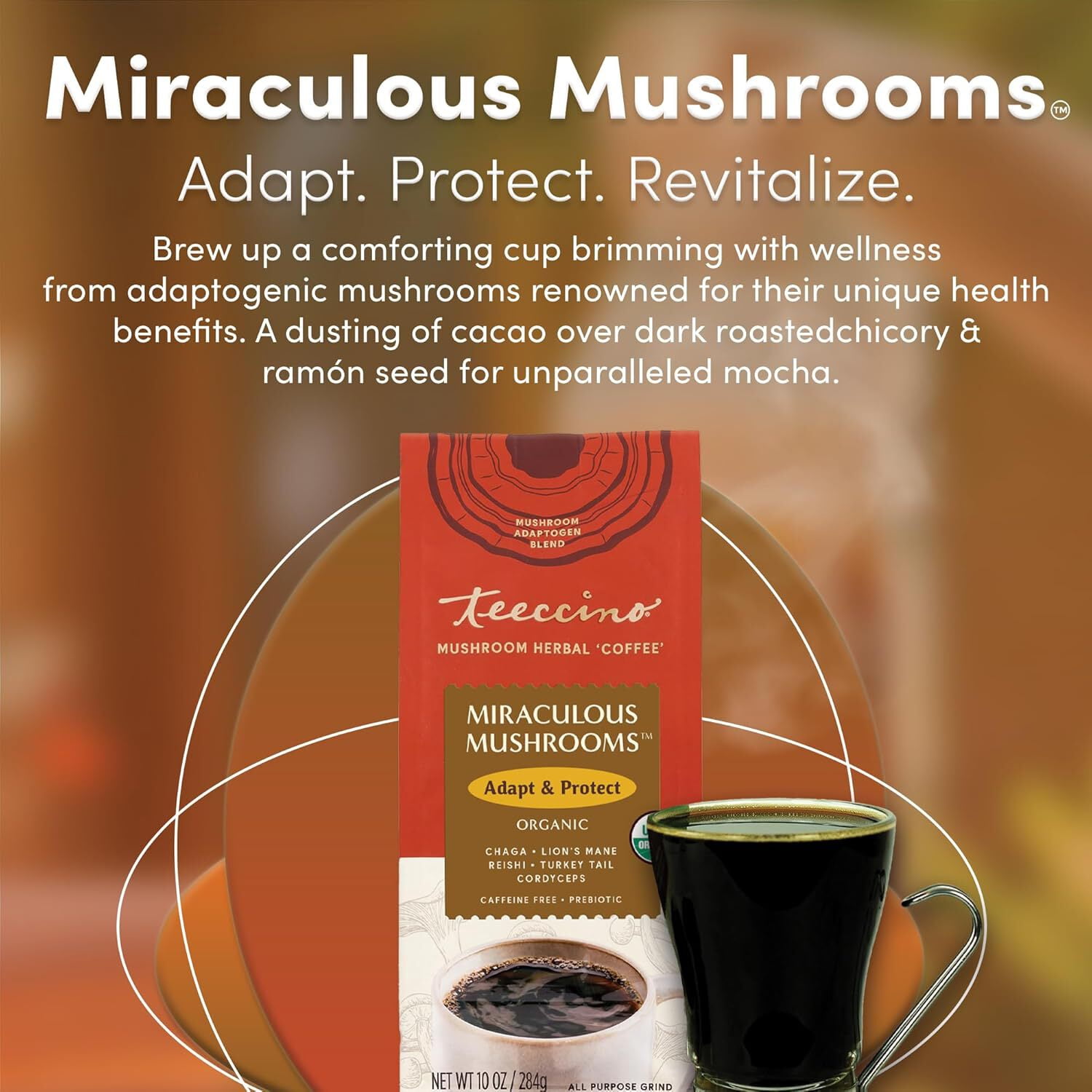 Teeccino Miraculous Mushrooms Adapt & Protect Coffee Alternative, 10 Oz – 5 Organic Adaptogenic Mushrooms with Chicory & Cacao