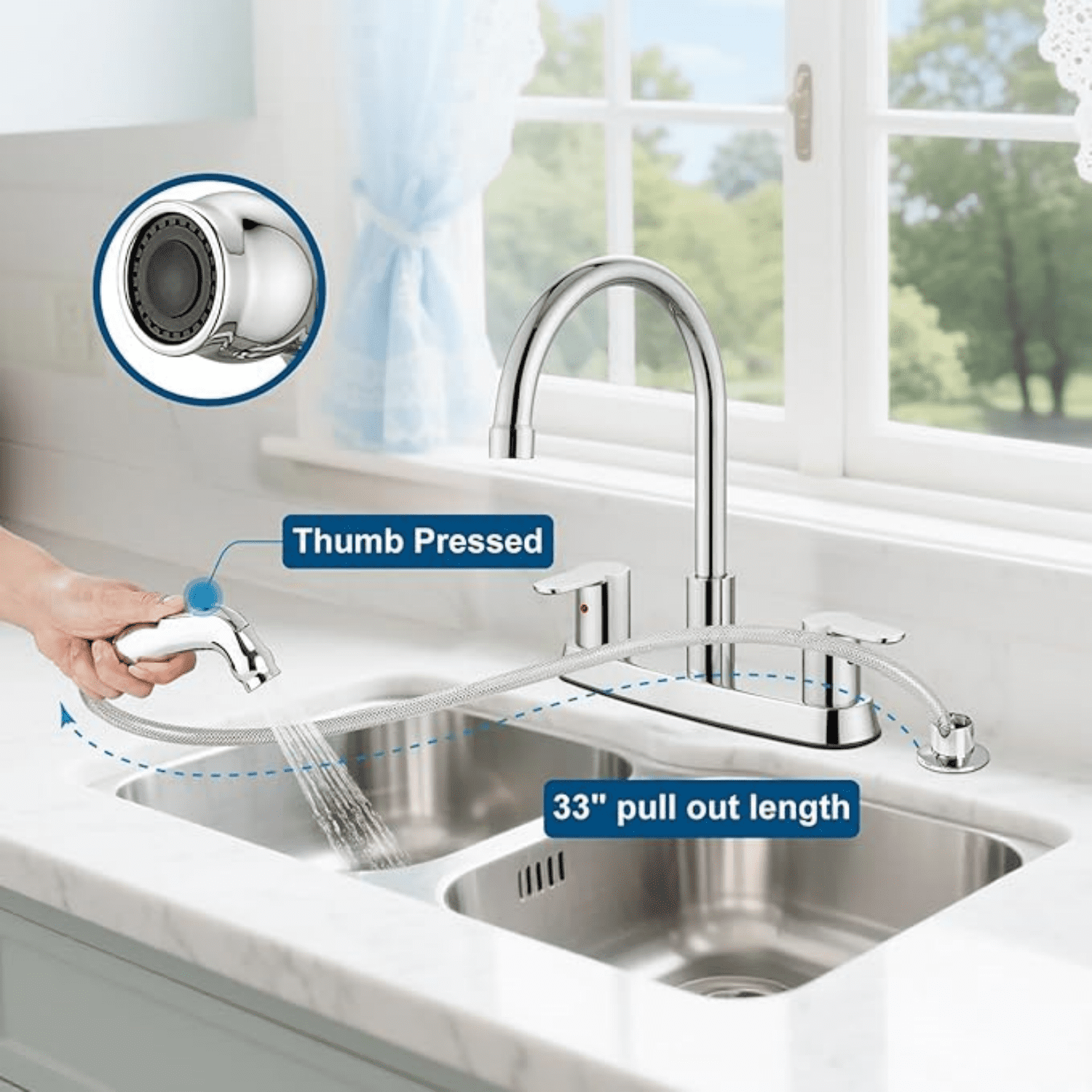 8 Inch Centerset Kitchen Faucet for Sink 3 Hole Dual Handle Kitchen Sink Faucets High Arc 360 Degree Rotating Spout with Supply Lines, Polished Chrome, with Side Sprayer