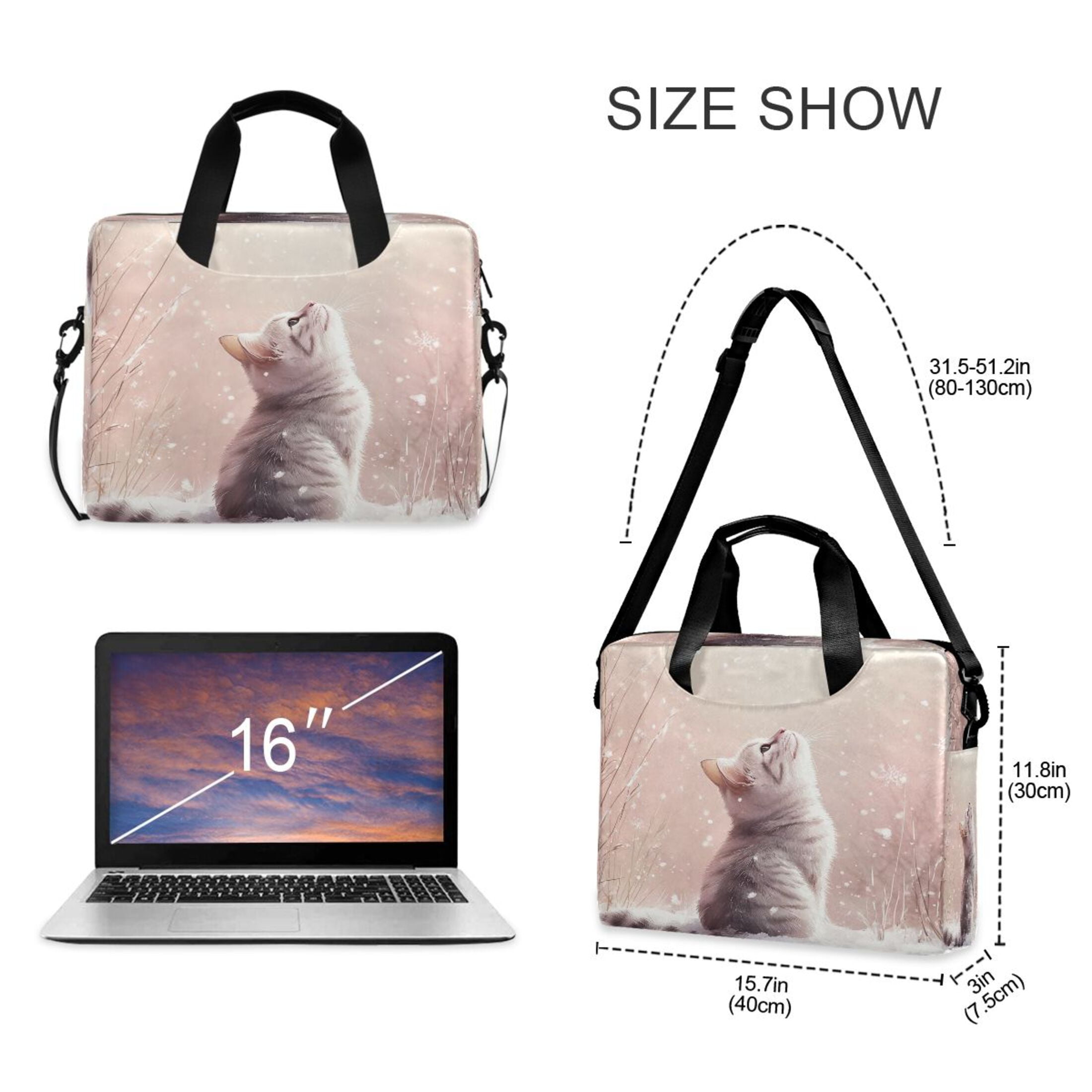 16" Laptop Tote Bag Laptop Sleeve Case Computer Briefcase for Work & Travel A Cat in The Snow