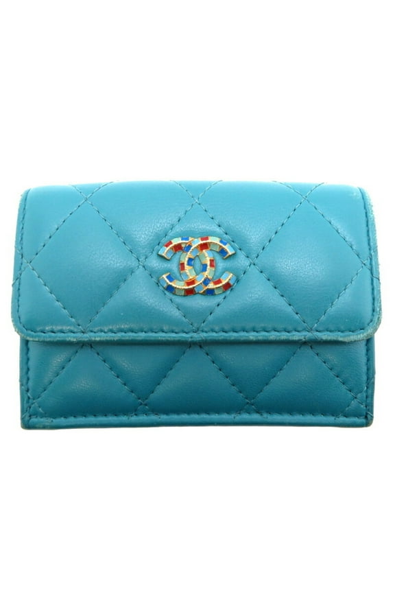 Pre-Owned Chanel Coco Mark Tri-fold Wallet for Women, Leather, Turquoise (Blue) (Fair)