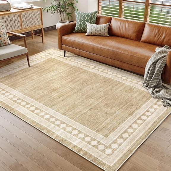 6x9 Modern Minimalist Geometric Bordered Faux Wool Area Rug, TPR Non Slip Washable Low Pile Living Room Entryway Carpet,Imitation linen color