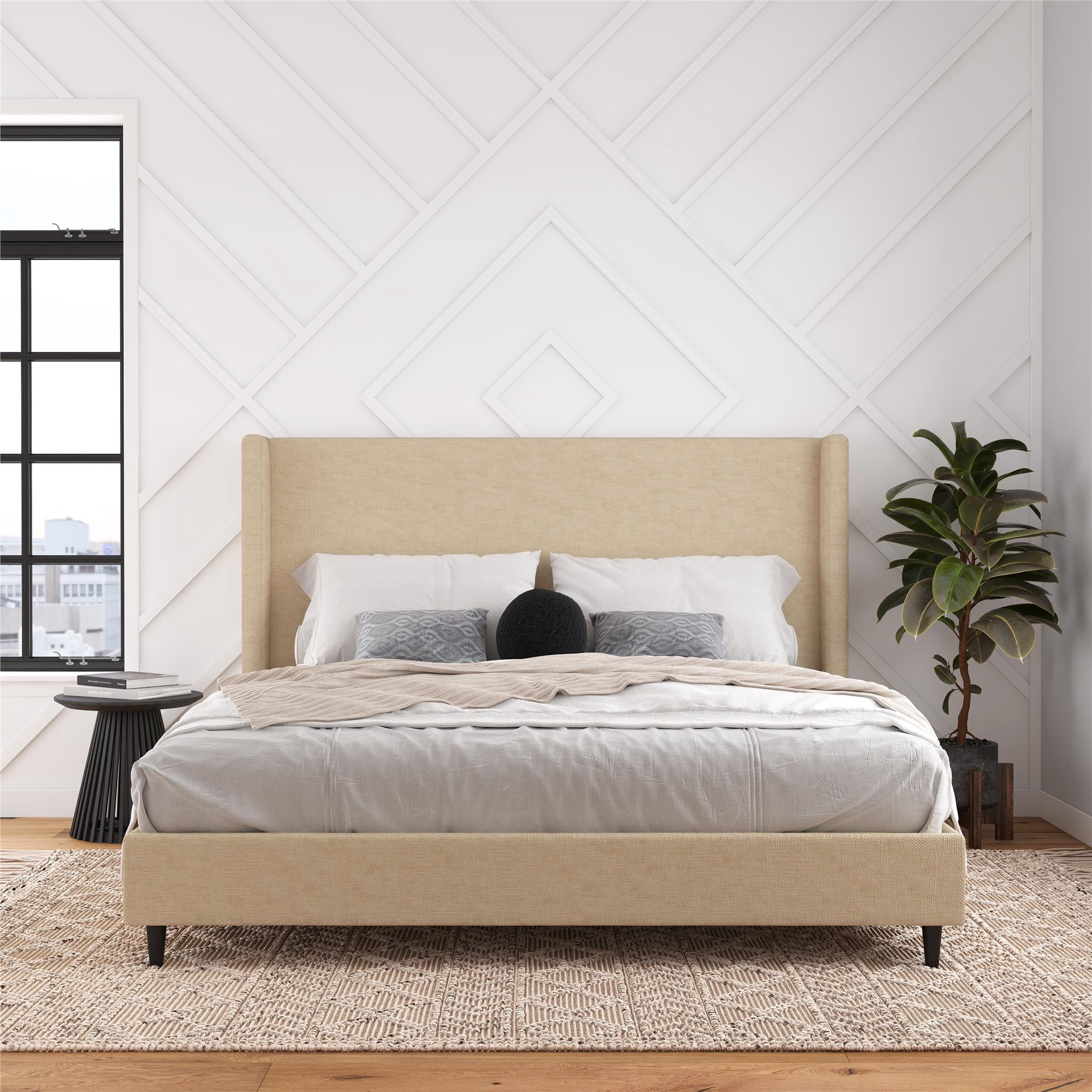 DHP Eveline Upholstered Platform Bed Frame with High Wingback Headboard, King, Textured Beige Canvas