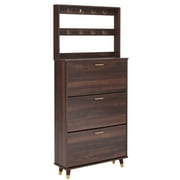 SYTHERS Wardrobe Armoire Closet for Bedroom Entryway, Hall Tree Coat Rack Freestanding with 12 Hooks & 3 Shoe Cabinets, Brown