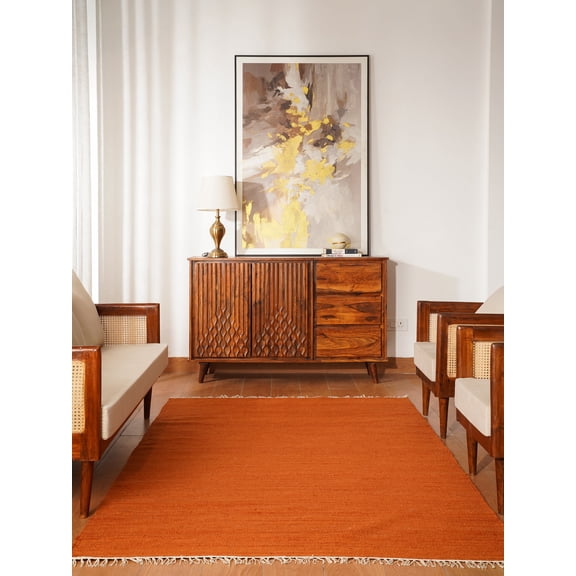 Rugsotic Carpets Hand Woven Flat Weave Kilim Wool Eco-Friendly 5'x8' Area Rugs Rectangle Dark Orange Plain Solid Design Low Pile Indoor Handmade Rug for Living Room, Bedroom D00111