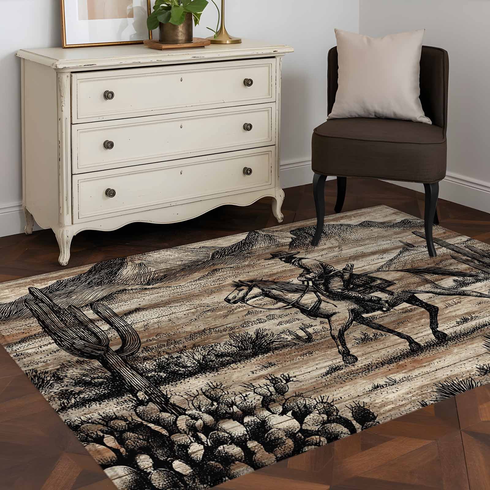 Area Rugs for Living Room Bedroom, Brown Western Farmhouse 4'x6' Rug Washable Carpet Runner Indoor Outdoor, Vintage Cowboys Cactus Non Slip Accent Floor Mats Rug for Kitchen, Office