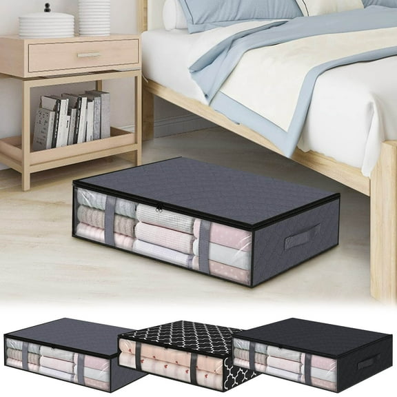 Underbed Storage Bags 3-Pack with Clear Window and Dividers, Foldable Non-Woven Clothes Blanket Comforter Organizer with Heavy-Duty Zippers and Handles, Grey 17.7 x 23.6 x 6 in