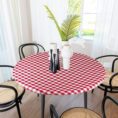Sorfey Round Picnic Table Cover Checkered Fitted Tablecloth  Red 42  x 42
