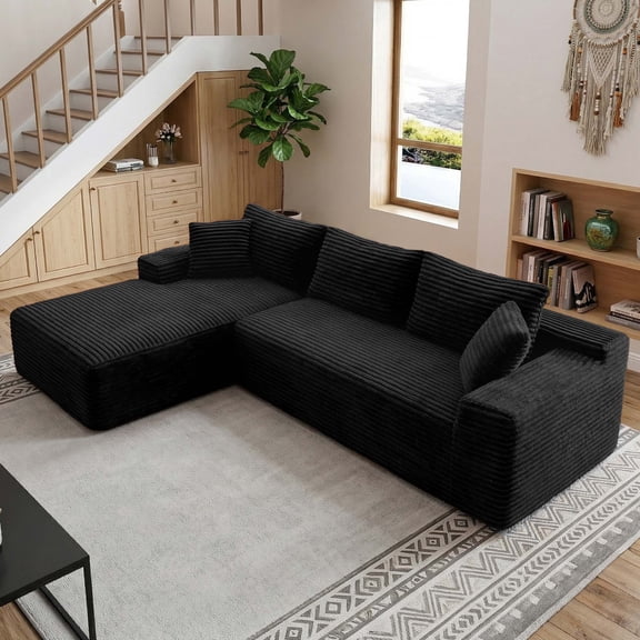 105" L Shaped Modular Sectional Sofa, Deep Seat Corduroy Couch for Living Room, No Assembly Required, Black