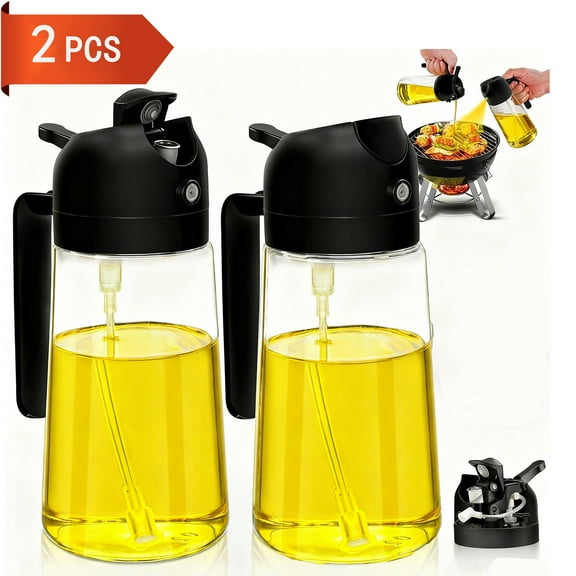 TURJGKSG 2Pcs 20oz Glass Olive Oil Sprayer for Cooking , 2 in 1 Oil Dispenser for Kitchen Gadgets, Food Grade Premium Spray Bottle with Portion Control for Salad, Frying, BBQ，600ml