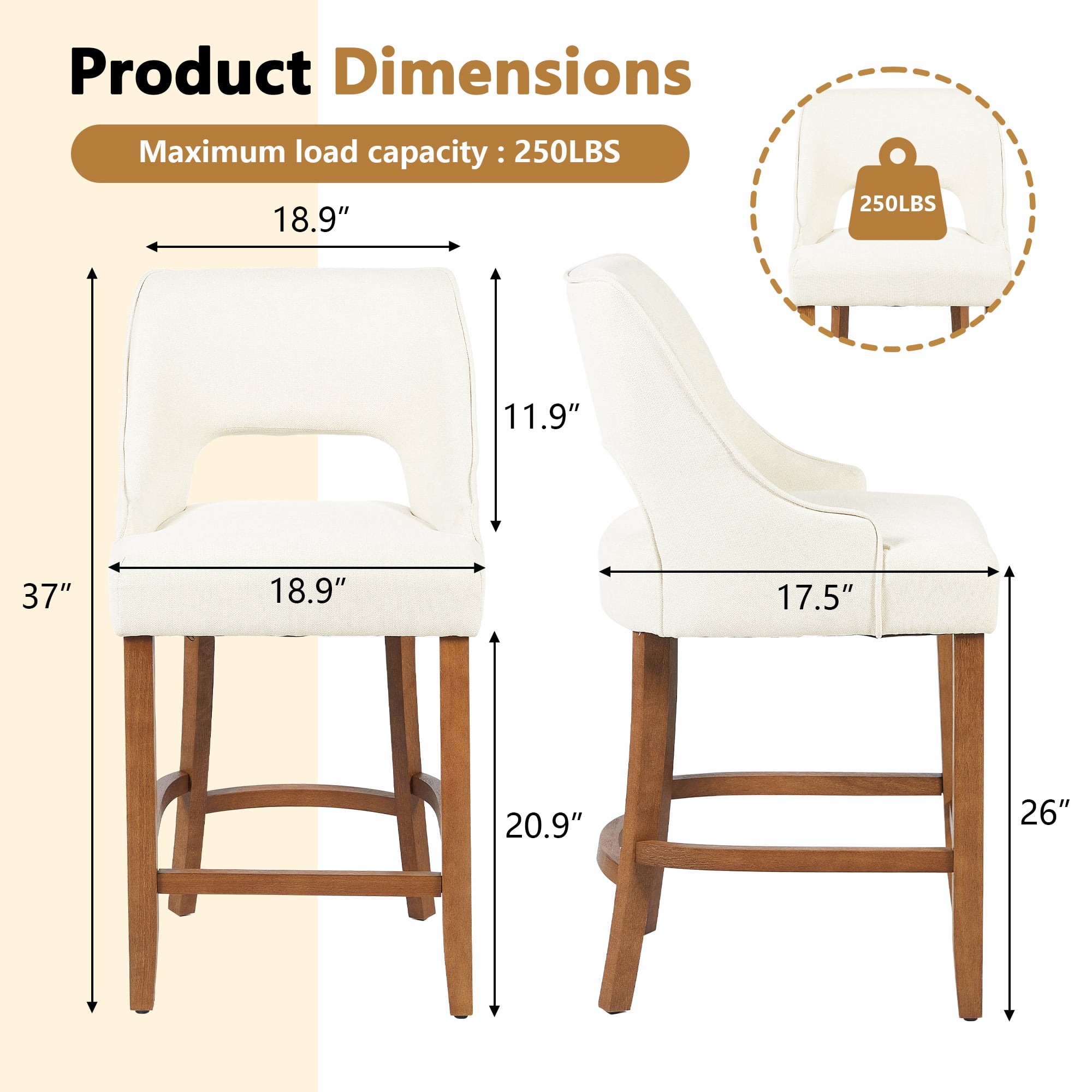 ClinQ Modern Counter Height Bar Stool Set of 2, Upholstered Seat with Back and Walnut Curved Footrest for Kitchen Island, Beige