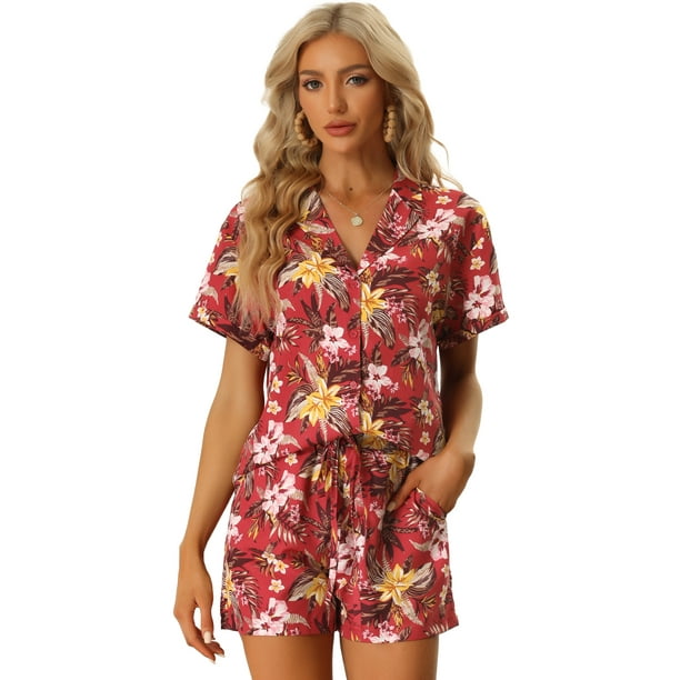 Conjunto de Camisa y Pantalones Cortos Hawaianos Allegra K para Mujer 2023 Verano Rojo XS