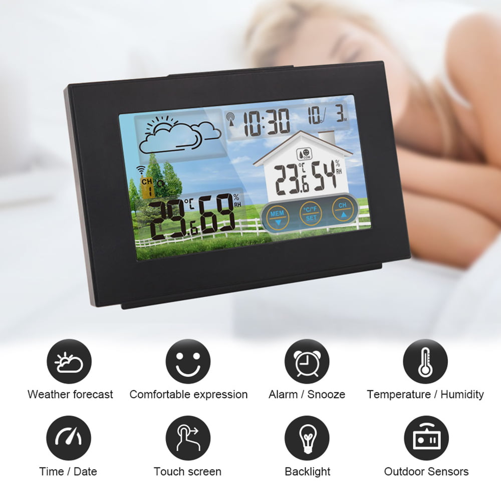 Touchscreen LED Backlight Digital Room Humidity Temperature Monitor Snooze Alarm 