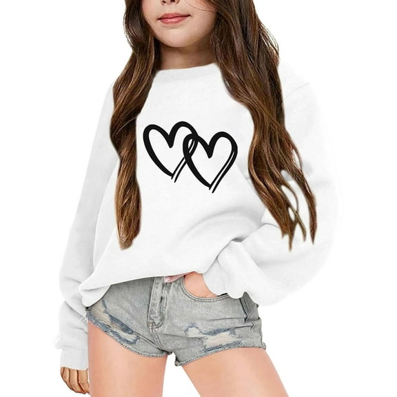 Arlun Sweatshirts For Girls Cute Heart Graphic Printed Crewneck Long Sleeve Pullover Tops Oversized Casual Loose Fit Comfortable Hoodless Sweatshirt White 13-14 Years