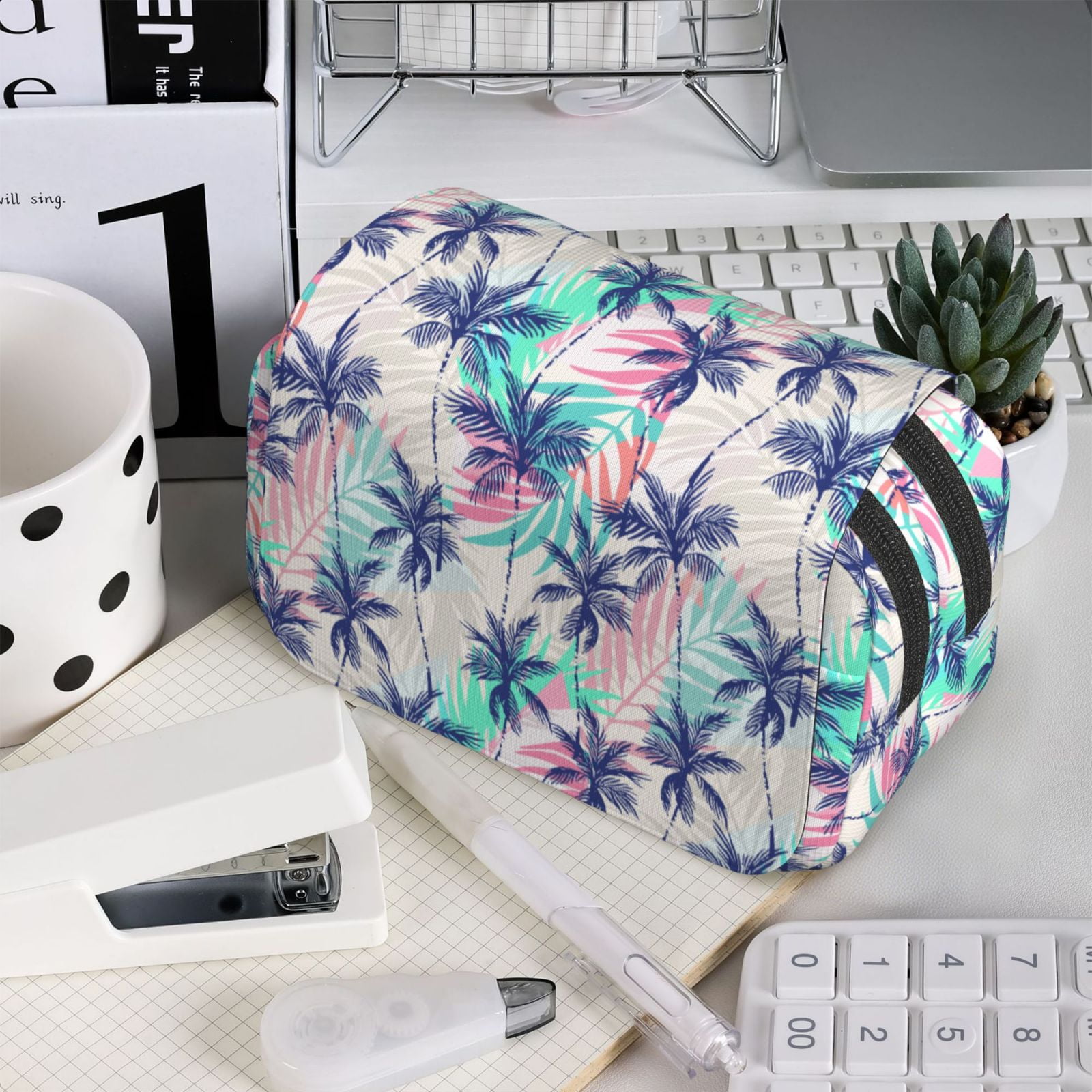 Rateoe Palm Leaves Pattern Double Clamshell Pen Case, Storage Organizer with Two Zipper Compartments– Holds Up to 50 Pencils & Pens