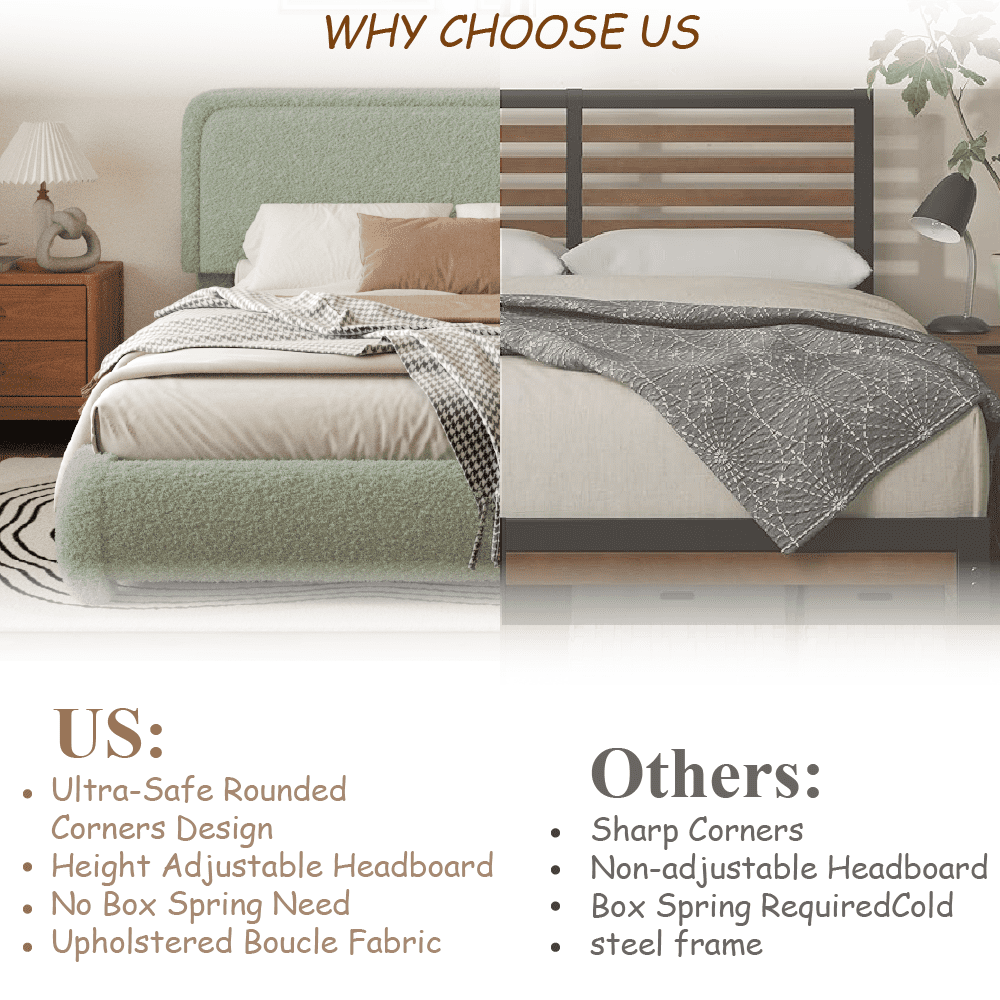 VIPLOV King Size Boucle Bed Frame, Cloud Upholstered Platform Bed with Height Adjustable Headboard & Soft Rounded Corners, No Noise Free, Easy Assembly.Green
