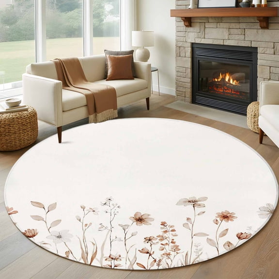Round Area Rug 5 Ft, Brown Red Spring Floral Washable Non-Slip Circle Carpet for Living Room/Bedroom, Botanical Summer Flowers Elegant Low-Profile Runner Mats Collection Rugs for Indoor