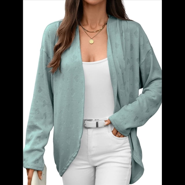 Cárdigan de Verano de Corta para Mujer, con Botones, Abertura Frontal, Escote en V, Tejido A Crochet, Top con Textura de Crochet. Verde Oscuro M