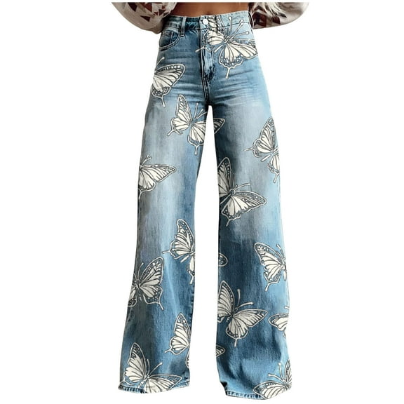 Pxkloy Full Length Wide Leg Jeans for Women Floral Print Vintage Denim Trousers Button Zipper Pocket Casual Pants White,M