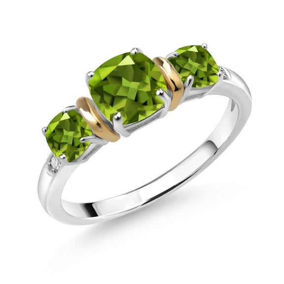 Gem Stone King 925 Sterling Silver and 10K Yellow Gold Cushion Green Peridot and White Diamond 3 Stone Women Ring (1.53 Cttw, Gemstone Birthstone, Size 8)