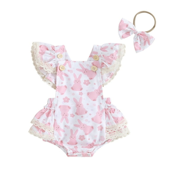 Bagilaanoe Newborn Easter Outfits Baby Girl Rompers Dress Print Fly Sleeve Bodysuits   Headband 3M 6M 12M 18M Infant Patchwork A-line Dresses