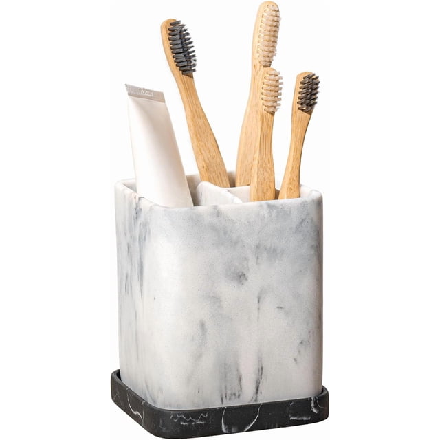 Toothbrush Holder, Countertop Marble Look Electric Toothbrush Toothpaste Makeup Brush Razor Holder Stand Bathroom Organizer with Detachable Tray