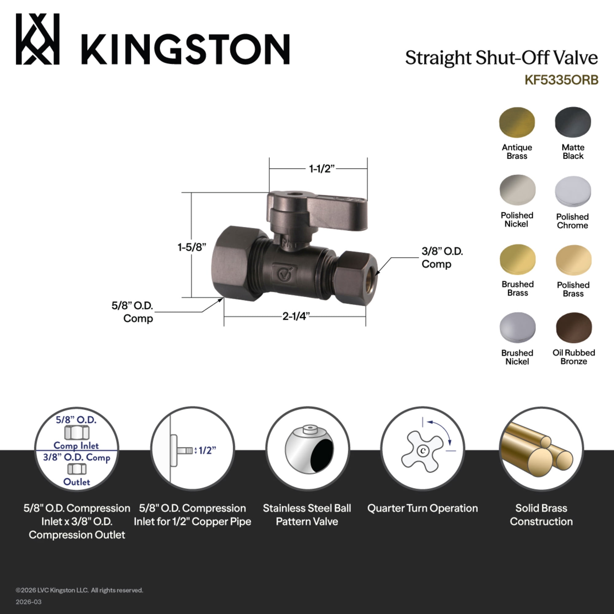 Kingston Brass KF5335PB 5/8-Inch O.D. Comp x 3/8-Inch O.D. Comp Quarter-Turn Straight Shut-Off Valve in Polished Brass
