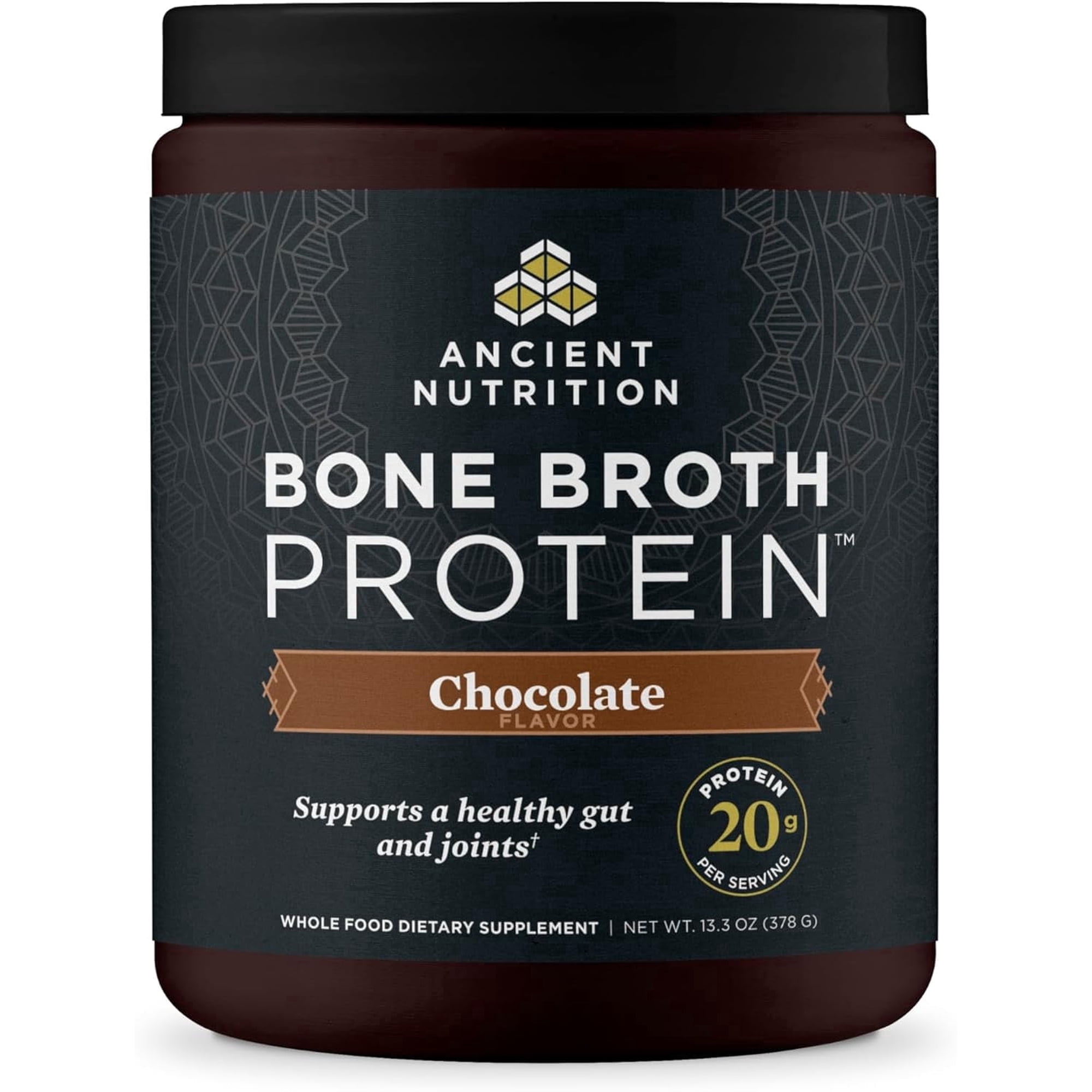 Ancient Nutrition Grass Fed Bone Broth Protein Powder, Hydrolyzed Collagen Peptides, Joint & Gut Support, Chocolate, 20g Protein, 15 Servings